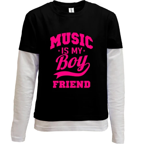 Комбинированный детский лонгслив с розовой надписью «Music is my boyfriend» и звёздочками