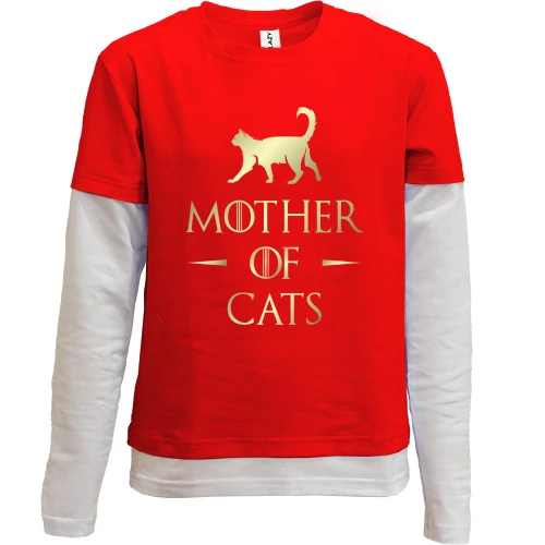 Комбинированный детский лонгслив, красный, Mother of cats (кошачья мама)