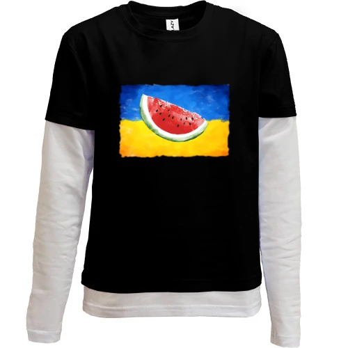 Комбинированный детский лонгслив, черный, Херсон (флаг Украины и кусочек арбуза)