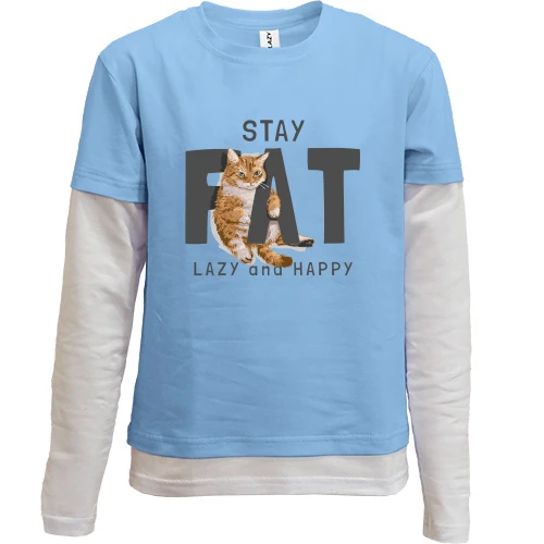 Комбинированный детский лонгслив, Синий, с котиком "Fat Lazy and Happy"