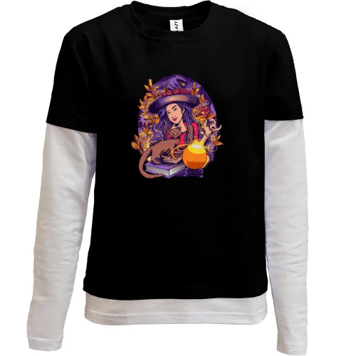 Комбинированный детский лонгслив, черный, "Красивая ведьма с лисой"