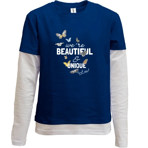 Комбинированный детский лонгслив, синий, с бабочками "Beautiful"
