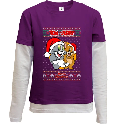 Комбинированный детский лонгслив, фиолетовый, с Томом и Джерри "Merry Christmas"