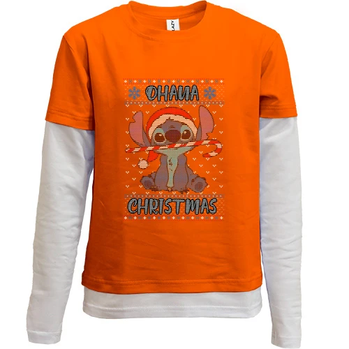 Комбинированный детский лонгслив, оранжевый, со Стичем "Ohana Christmas"