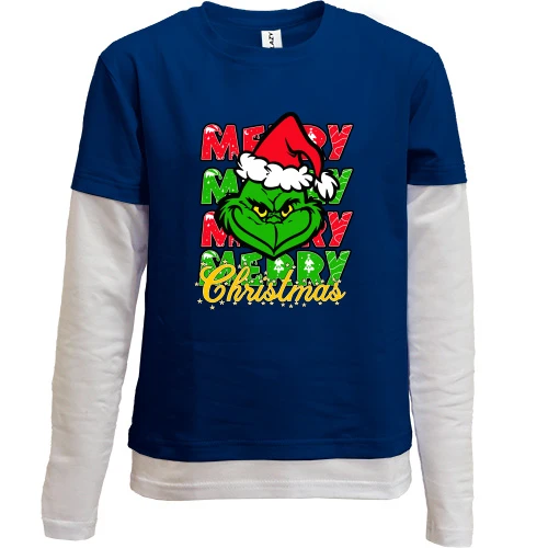 Комбинированный детский лонгслив, синий, с Гринчем "Merry merry merry"