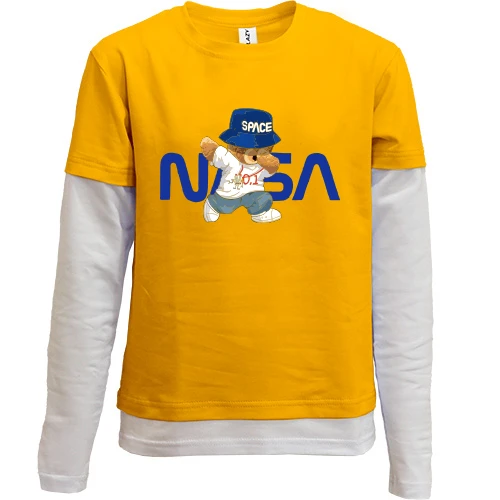 Комбінований дитячий лонгслів, жовтий, з ведмедиком "NASA"