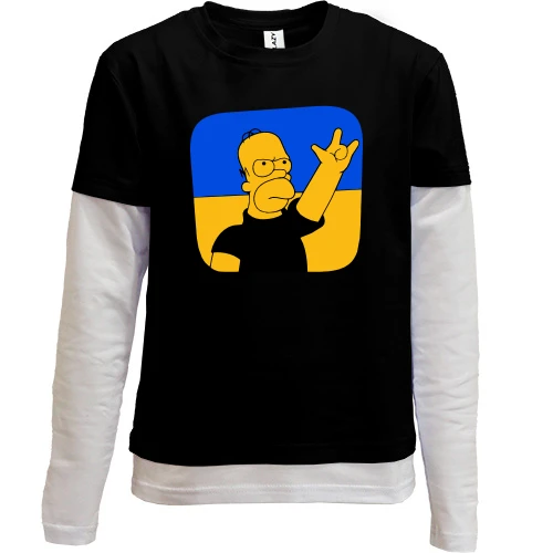 Комбинированный детский лонгслив, черный, Гомер на фоне украинского флага