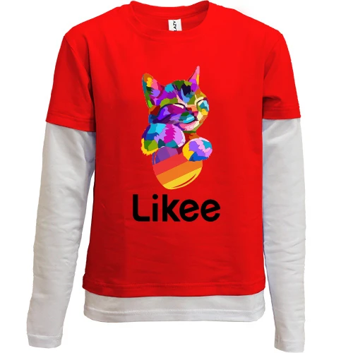 Комбінований дитячий лонгслів, Червоний, з котиком "Likee"