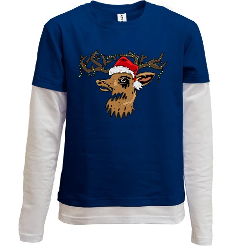 Комбинированный детский лонгслив с изображением рождественского оленя в новогодней шапке и гирлянде