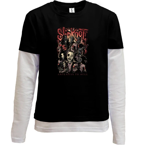 Комбинированный детский лонгслив с изображением участников группы Slipknot в масках и надписью «Antennas to Hell»