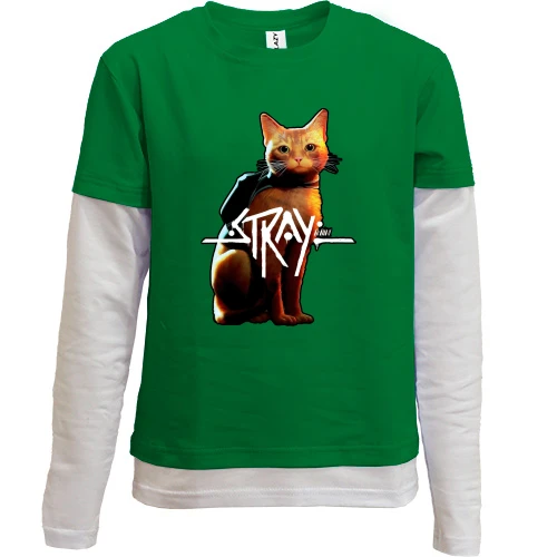 Комбинированный детский лонгслив, зеленый, с кошкой "Stray"