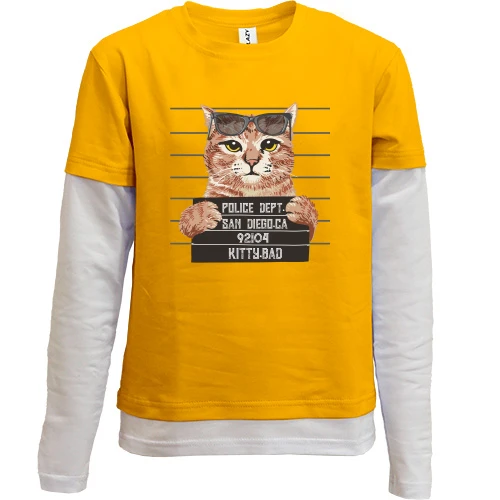 Комбінований дитячий лонгслів, Жовтий, із заарештованим котом "Kitty BAD"