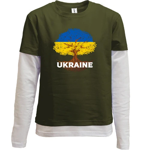 Комбинированный детский лонгслив с деревом в цветах флага Украины и надписью «UKRAINE»