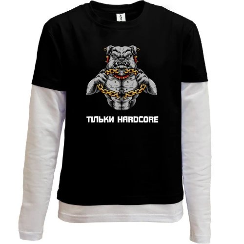 Комбинированный детский лонгслив, черный, с яростным псом "Только hardcore"