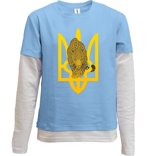 Комбінований дитячий лонгслів, Синій, з гепардом на фоні тризуба