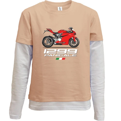 Комбинированный детский лонгслив, Бежевый, с мотоциклом "Ducati1299 Panigale"