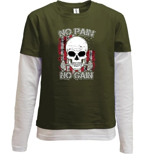 Комбинированный детский лонгслив, хаки, NO PAIN NO GAIN с черепом и штангой