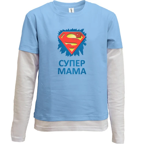 Комбінований дитячий лонгслів, синій, "Супер мама"
