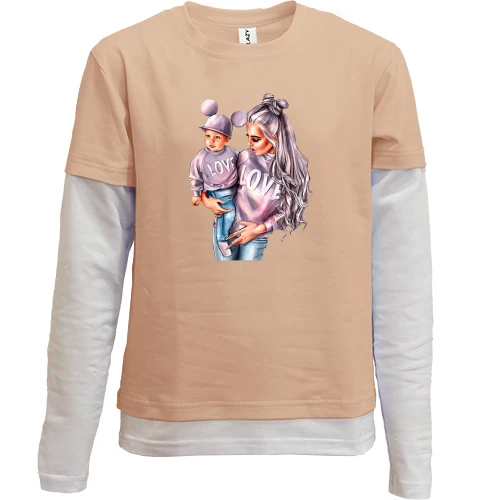 Комбінований дитячий лонгслів, жовтий, з мамою, дитиною та написом LOVE
