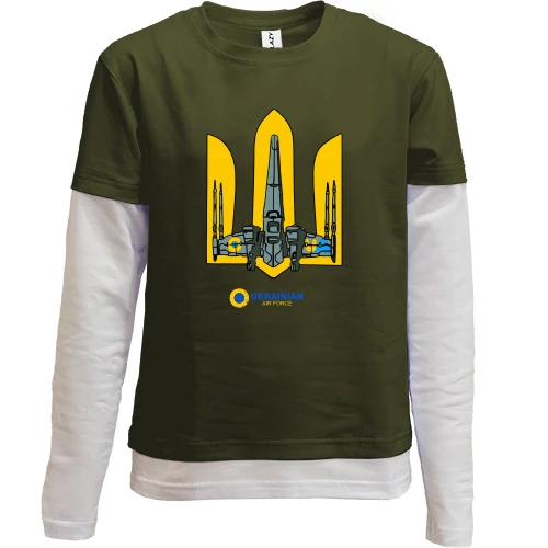 Комбинированный детский лонгслив, черный, с тризубом "Ukrainian air force"