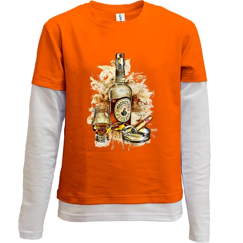 Комбинированный детский лонгслив с акварельным рисунком бутылки бурбона, бокала виски и сигары