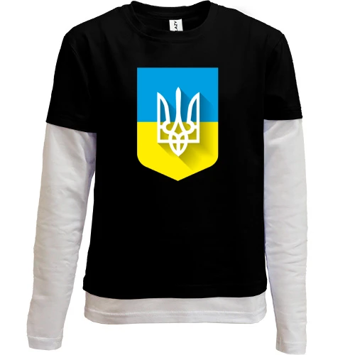 Комбінований дитячий лонгслів, Чорний, з Тризубом на фоні українського прапора