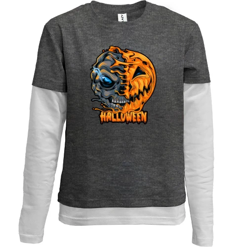 Комбинированный детский лонгслив, серый, Halloween с черепом-тыквой
