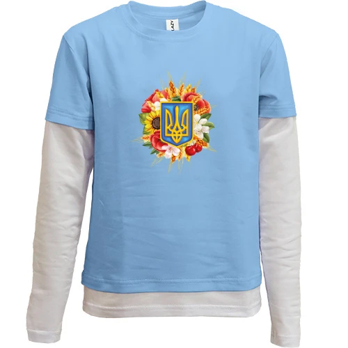 Комбинированный детский лонгслив, Синий, "Тризубы и цветы"