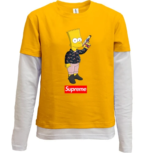Комбинированный детский лонгслив, желтый, Барт Симпсон с надписью Supreme