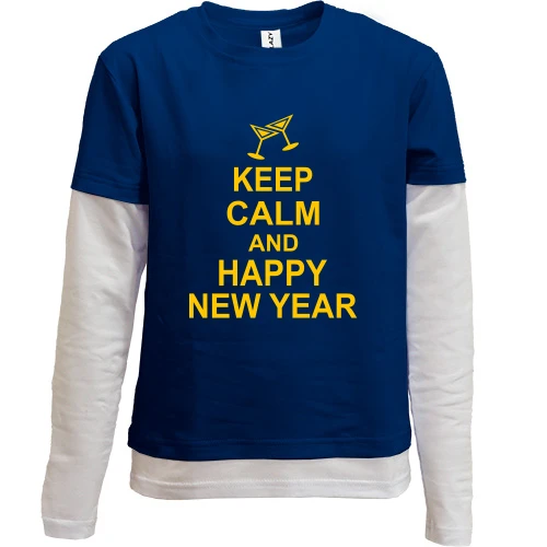 Комбинированный детский лонгслив, синий, Keep calm and Happy New Year