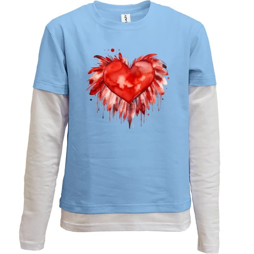 Комбинированный детский лонгслив, синий, Сердце с перьями