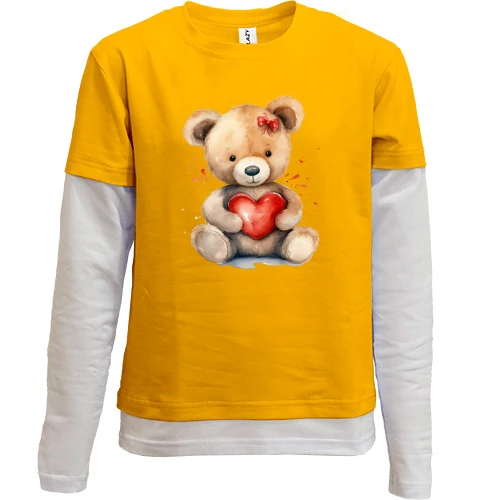 Комбинированный детский лонгслив, желтый, с мишкой с сердцем и бантиком
