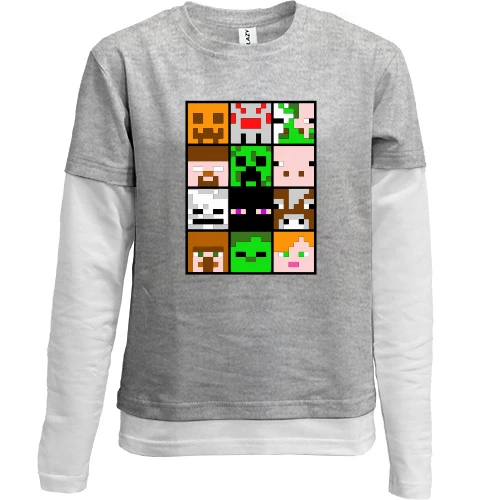 Комбинированный детский лонгслив, серый, Minecraft Creeper Patern