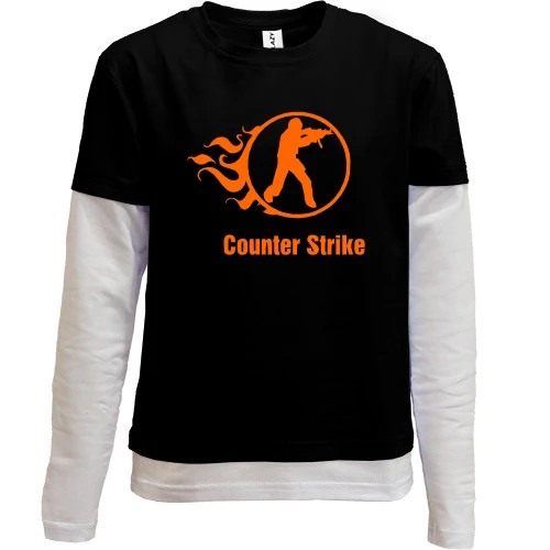 Комбинированный детский лонгслив, черный, Counter Strike со стилизованным огнем
