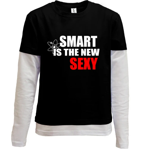 Комбинированный детский лонгслив с надписью «Smart is the new sexy» и графическим символом атома