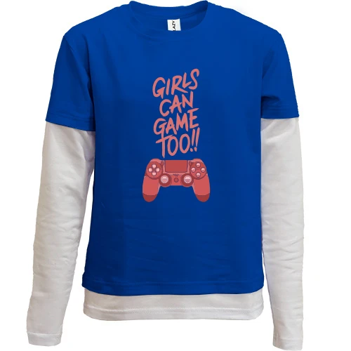 Комбинированный детский лонгслив, синий, Girls can Game Too!