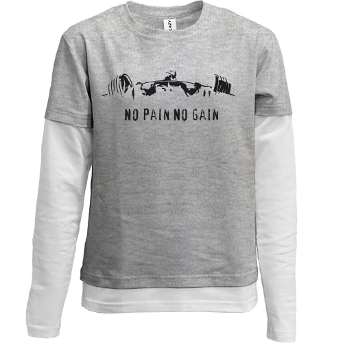 Комбинированный детский лонгслив, серый, с атлетом со штангой «No pain no gain»