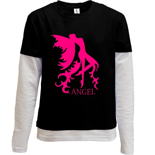 Комбинированный детский лонгслив, черный, с розовым ангелом ANGEL