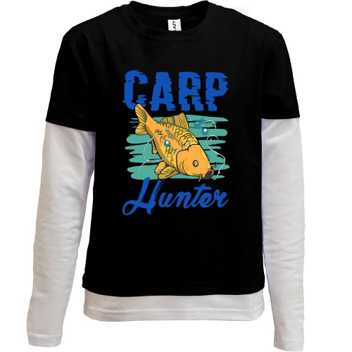 Комбинированный детский лонгслив, черный, с золотистым карпом «Carp Hunter»