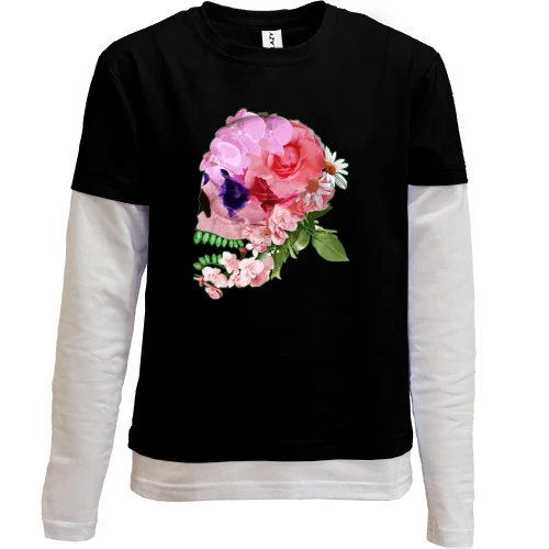 Комбинированный детский лонгслив, черный, Rose skull