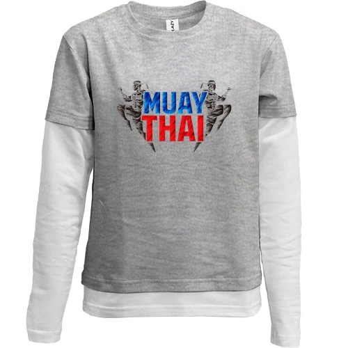 Комбинированный детский лонгслив, серый, Муай тай с надписью «MUAY THAI» и силуэтами бойцов