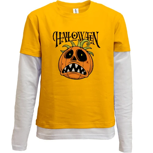 Комбинированный детский лонгслив, желтый, Halloween с тыквой-монстром