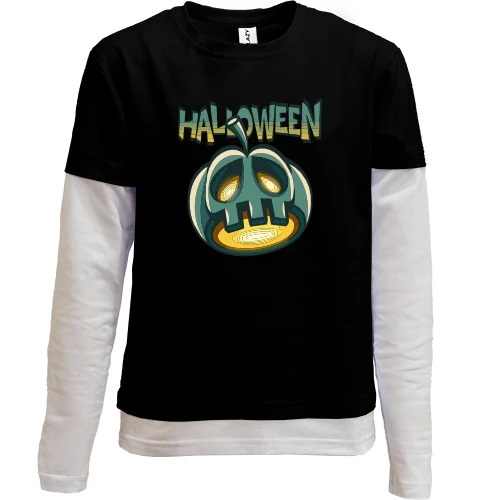 Комбинированный детский лонгслив с серой тыквой-черепом и надписью «Halloween»