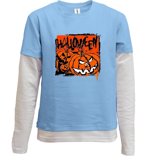 Комбинированный детский лонгслив, синий, Halloween Тыквы Арт