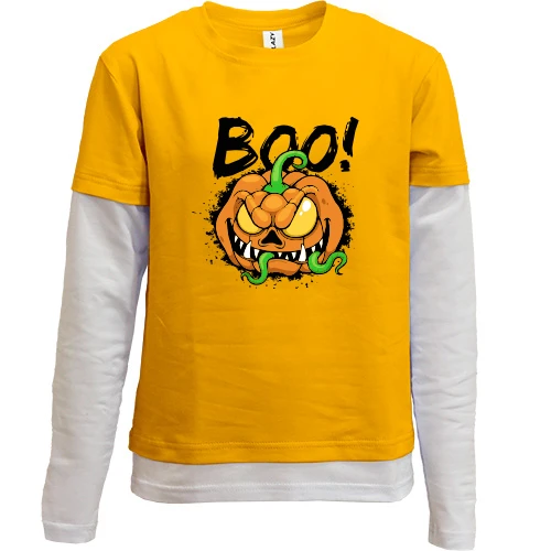 Комбинированный детский лонгслив со злобной тыквой и надписью «BOO!»