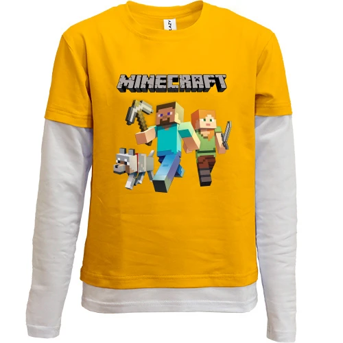 Комбинированный детский лонгслив, желтый, со Стивом, Алекс и волком из Minecraft