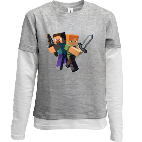 Комбинированный детский лонгслив, серый, Minecraft (персонажи)