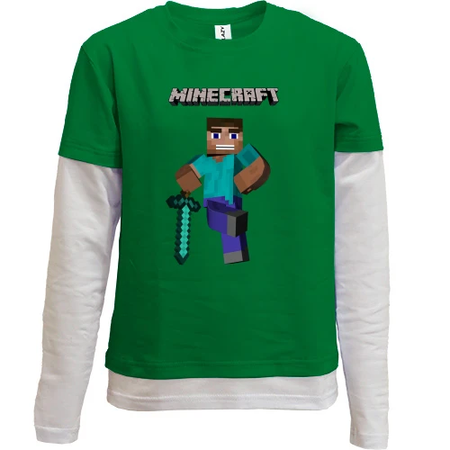 Комбинированный детский лонгслив, зеленый, Minecraft Стив