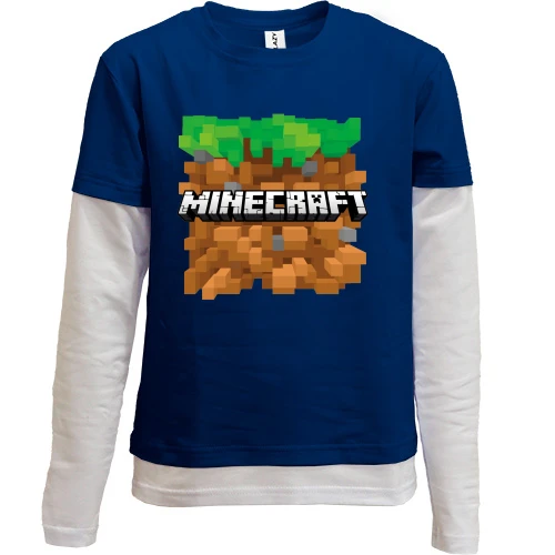 Комбинированный детский лонгслив, синий, с блоком земли и логотипом Minecraft