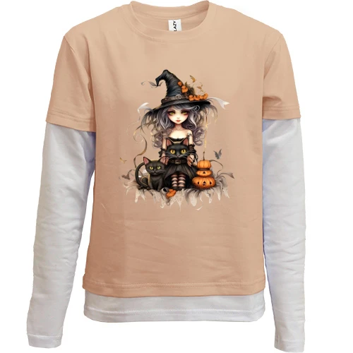 Комбинированный детский лонгслив, бежевый, с Halloween-ведьмой и котиком